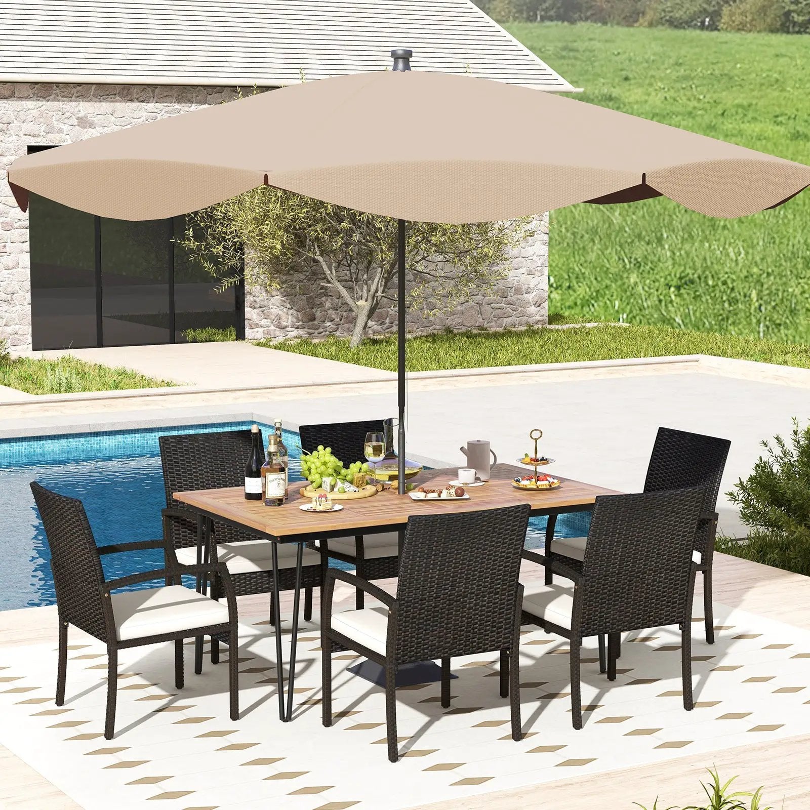7 Pieces Patio Dining Set with Acacia Wood Dining Table for Porch Backyard Garden Poolside by DirectDeals