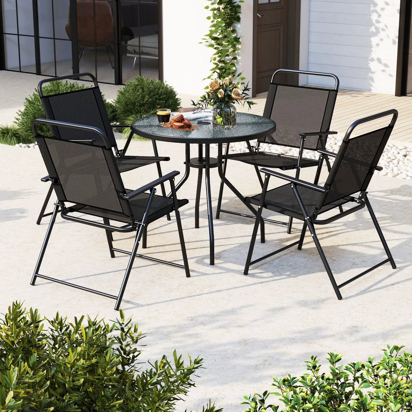 6 Pieces Patio Dining Set Folding Chairs Glass Table Tilt Umbrella for Garden by DirectDeals