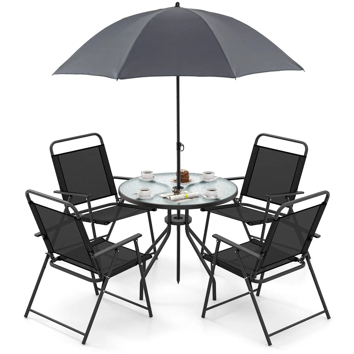 6 Pieces Patio Dining Set Folding Chairs Glass Table Tilt Umbrella for Garden by DirectDeals