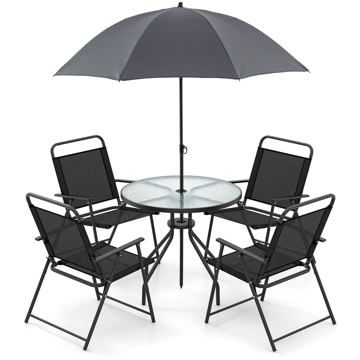 6 Pieces Patio Dining Set Folding Chairs Glass Table Tilt Umbrella for Garden by DirectDeals