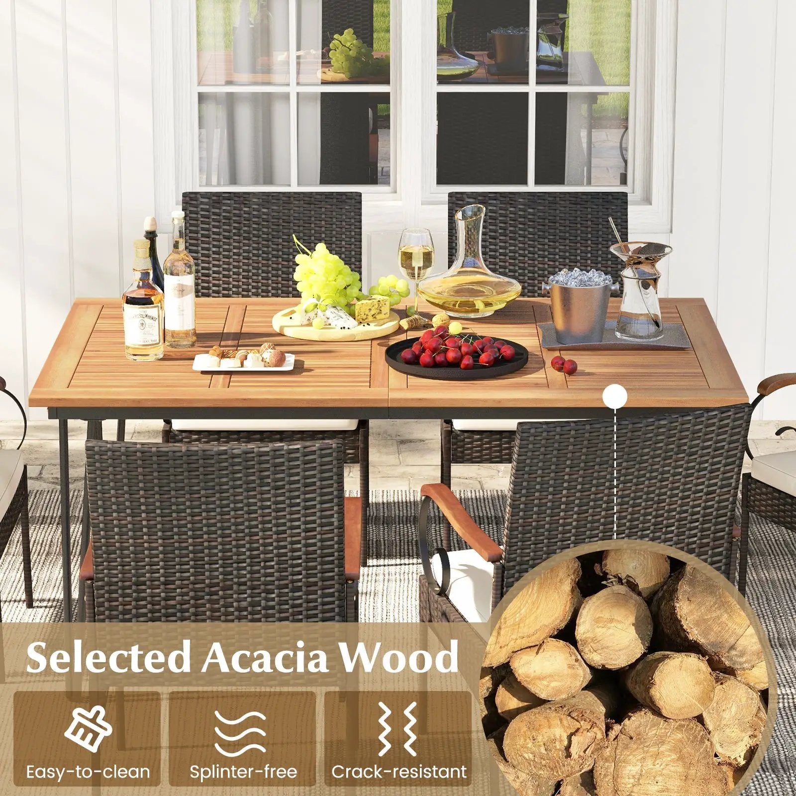 7 Pieces Patio Dining Set with Rattan Armchairs Soft Cushions 2" Umbrella Hole by DirectDeals