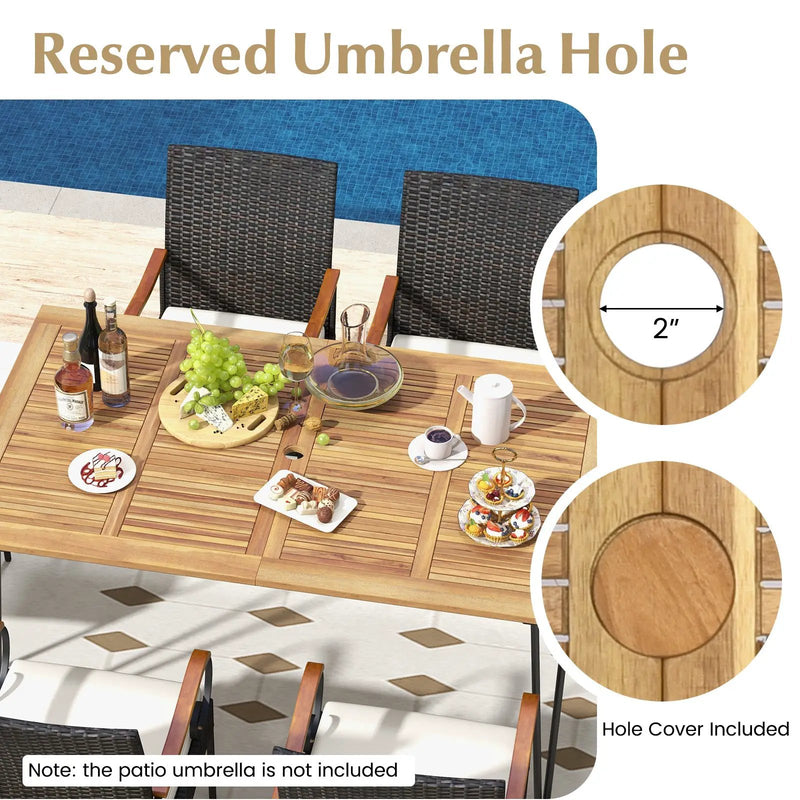 7 Pieces Patio Dining Set with Rattan Armchairs Soft Cushions 2" Umbrella Hole by DirectDeals
