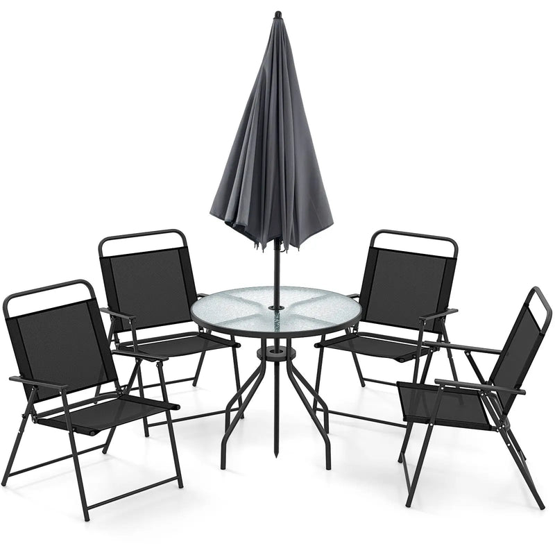 6 Pieces Patio Dining Set Folding Chairs Glass Table Tilt Umbrella for Garden by DirectDeals
