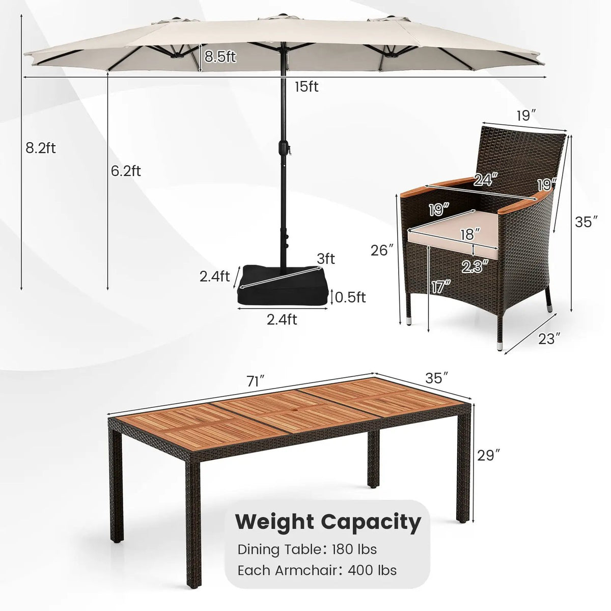 11 Pieces Patio Dining Set with 15 Feet Double-Sided Patio Umbrella and Base by DirectDeals