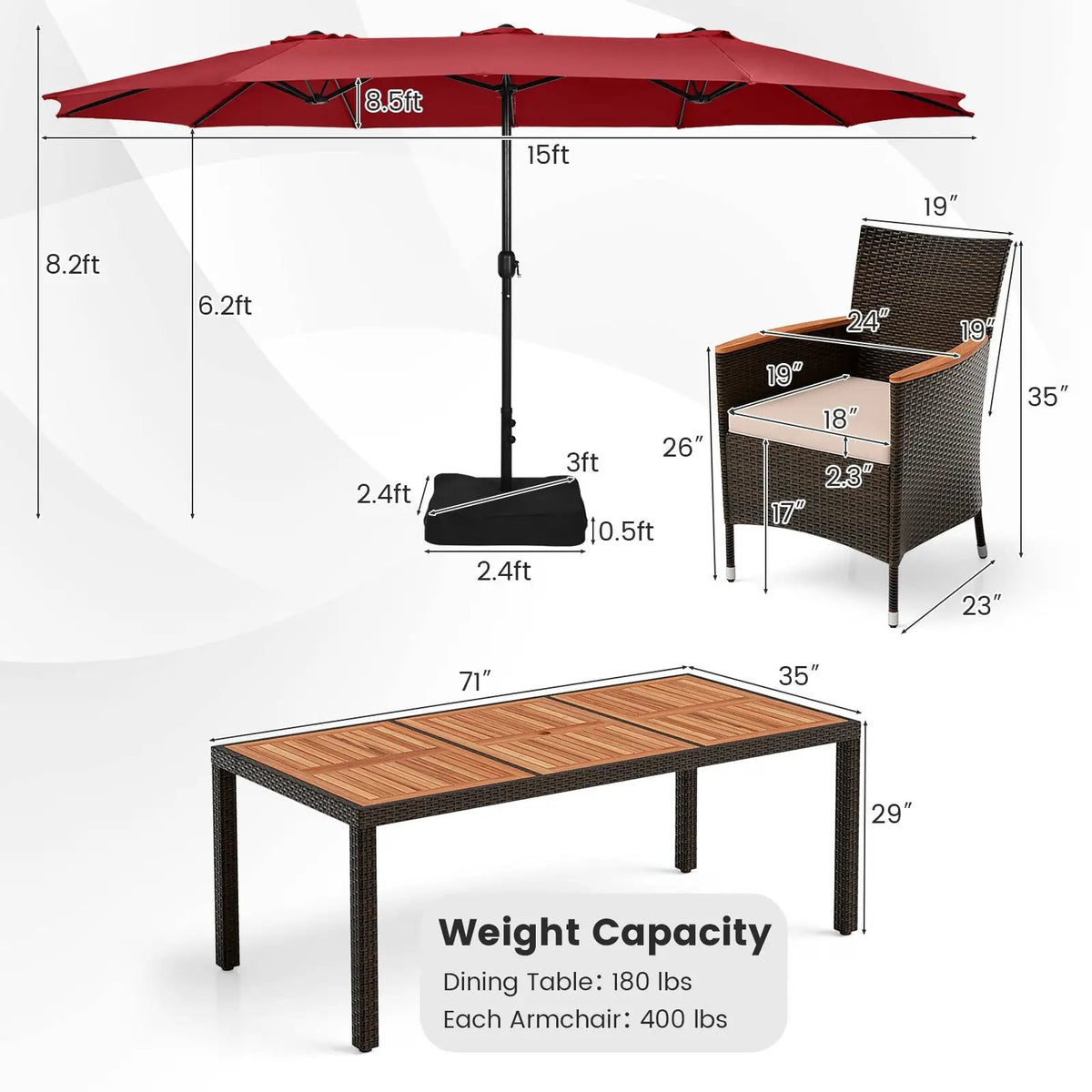 11 Pieces Patio Dining Set with 15 Feet Double-Sided Patio Umbrella and Base by DirectDeals
