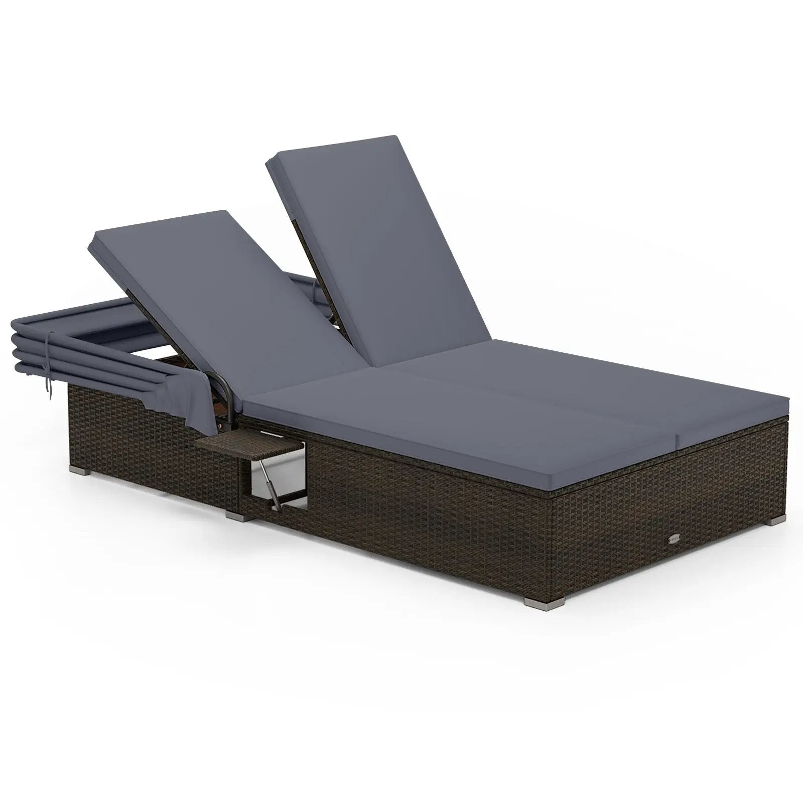 Patio Double Chaise Lounge with Shade Cushions and Folding Side Trays by DirectDeals