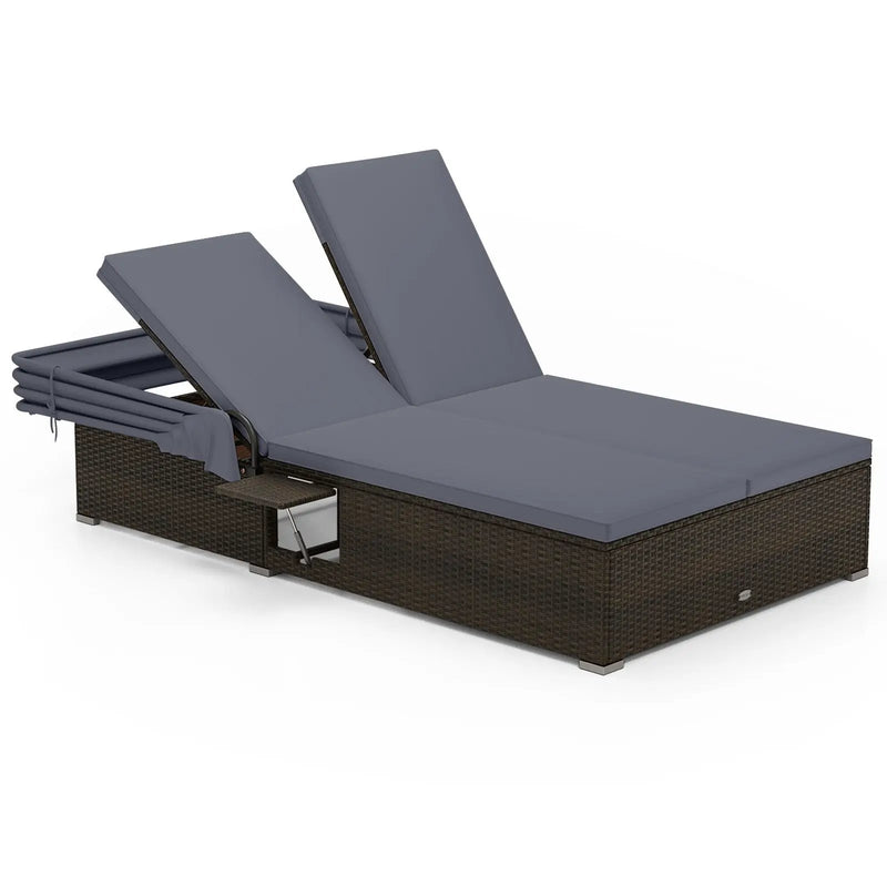 Patio Double Chaise Lounge with Shade Cushions and Folding Side Trays by DirectDeals
