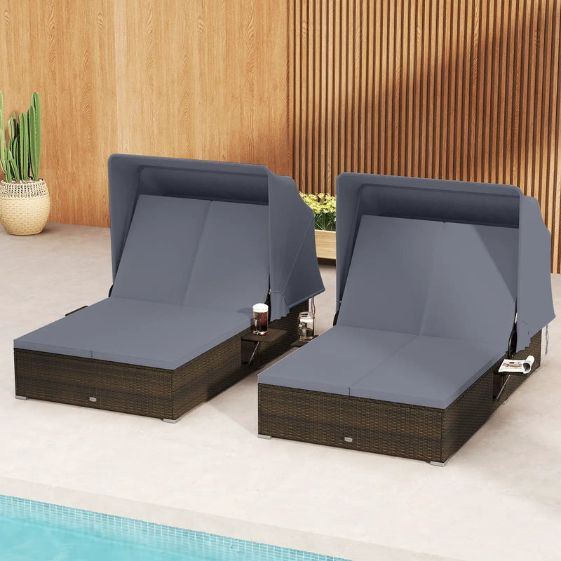 Patio Double Chaise Lounge with Shade Cushions and Folding Side Trays by DirectDeals