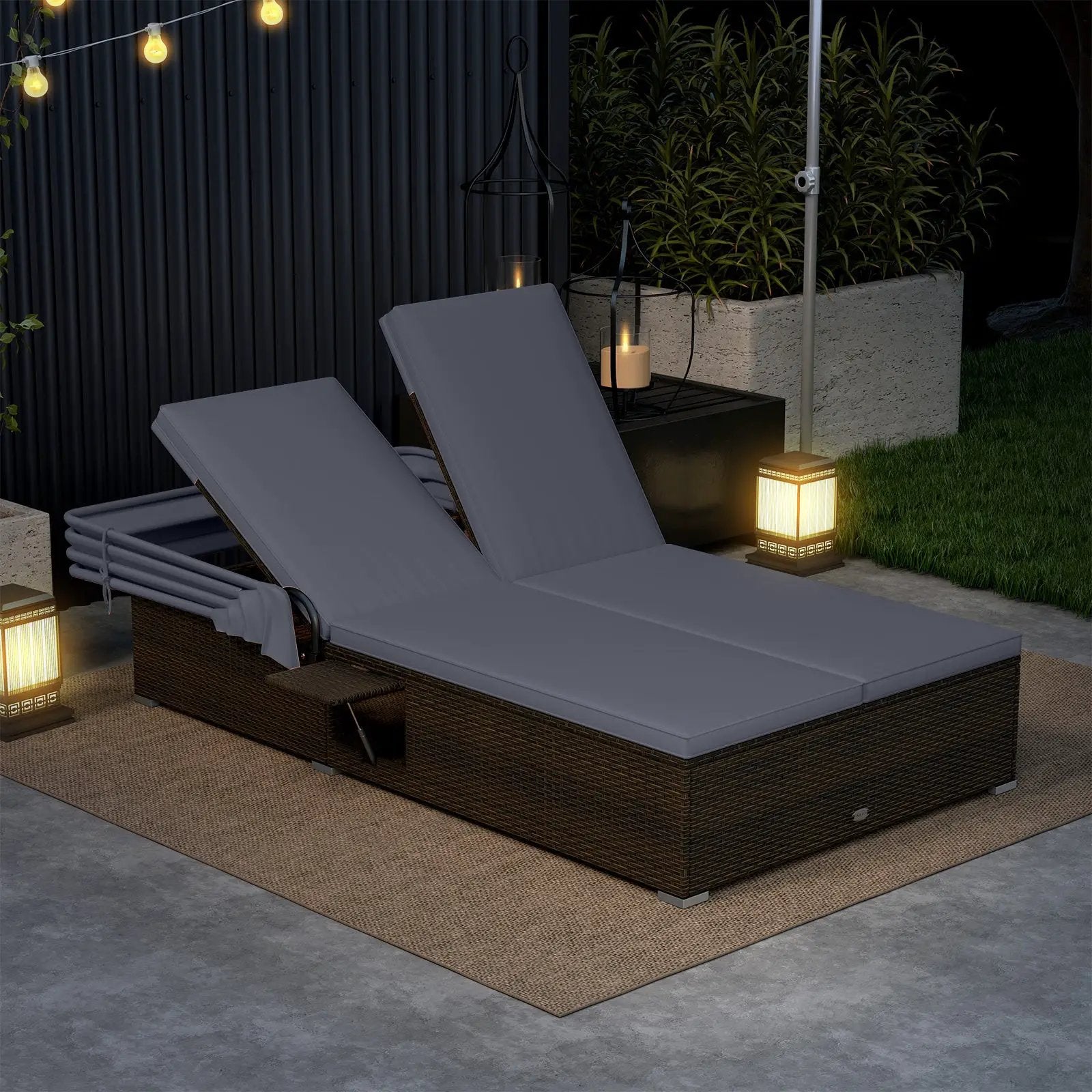 Patio Double Chaise Lounge with Shade Cushions and Folding Side Trays by DirectDeals