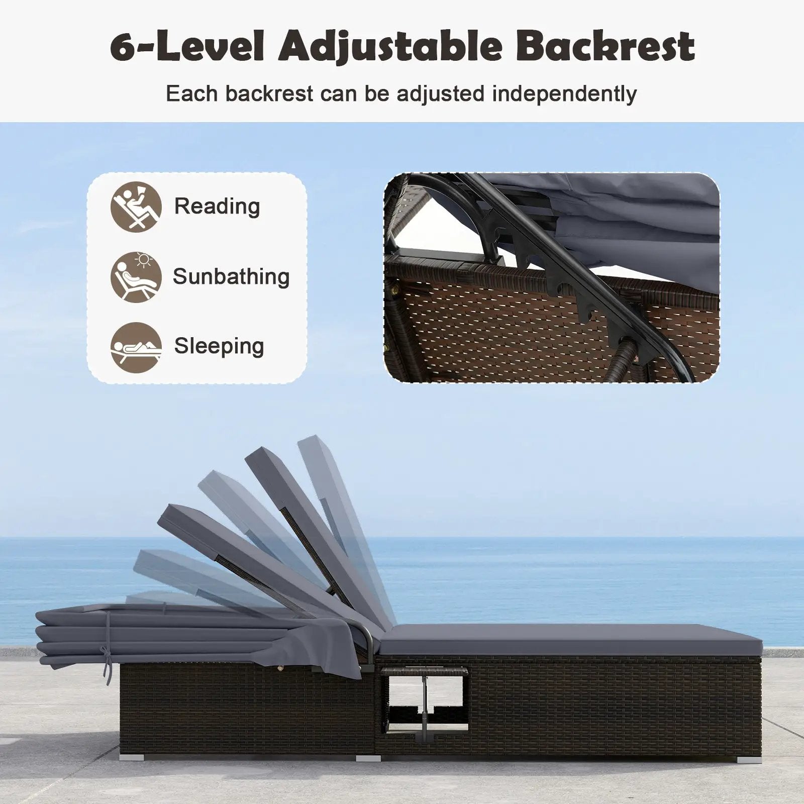 Patio Double Chaise Lounge with Shade Cushions and Folding Side Trays by DirectDeals
