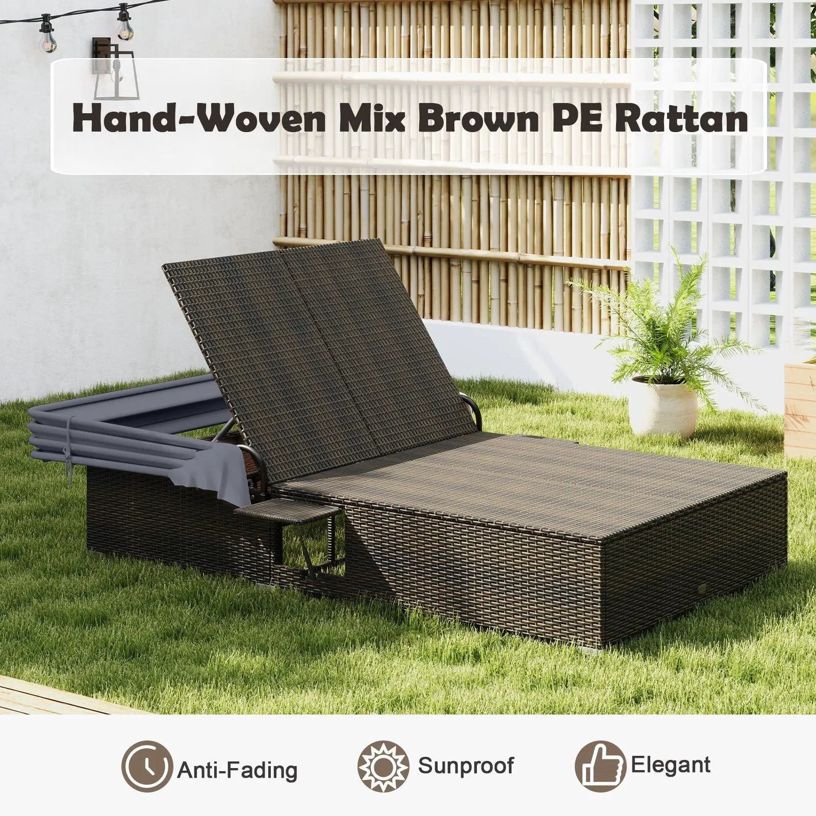 Patio Double Chaise Lounge with Shade Cushions and Folding Side Trays by DirectDeals
