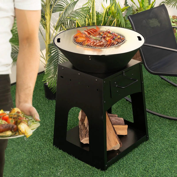 Patio Fire Pit with Firewood Log Rack with Grill and Ash Box-Black, photo 2 of 8
