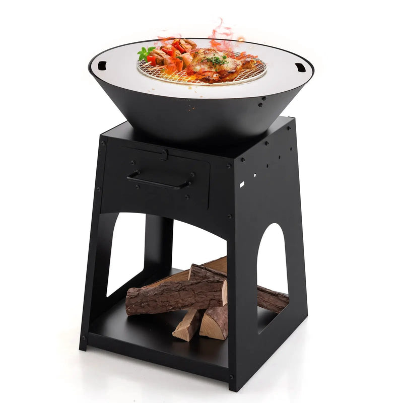 Patio Fire Pit with Firewood Log Rack with Grill and Ash Box-Black by DirectDeals