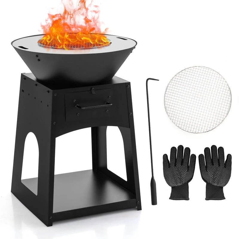 Patio Fire Pit with Firewood Log Rack with Grill and Ash Box-Black by DirectDeals