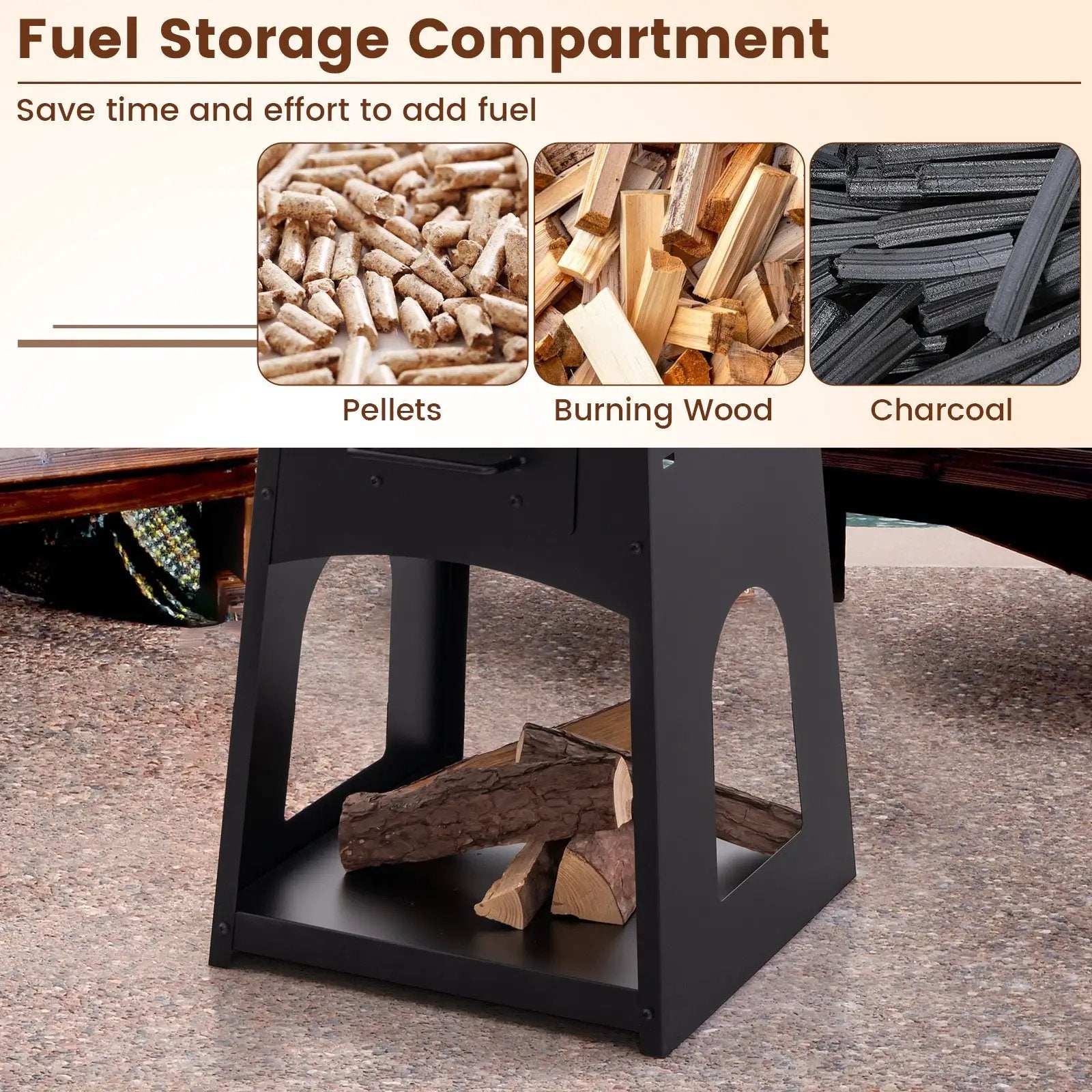 Patio Fire Pit with Firewood Log Rack with Grill and Ash Box-Black by DirectDeals