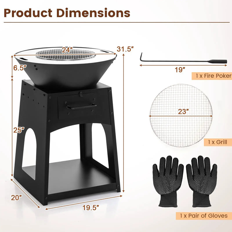 Patio Fire Pit with Firewood Log Rack with Grill and Ash Box-Black by DirectDeals