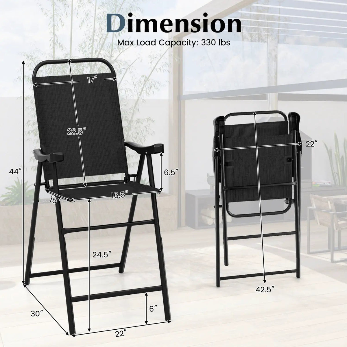 Folding Patio Bar Stool Set of 2 with Footrest - Black by DirectDeals