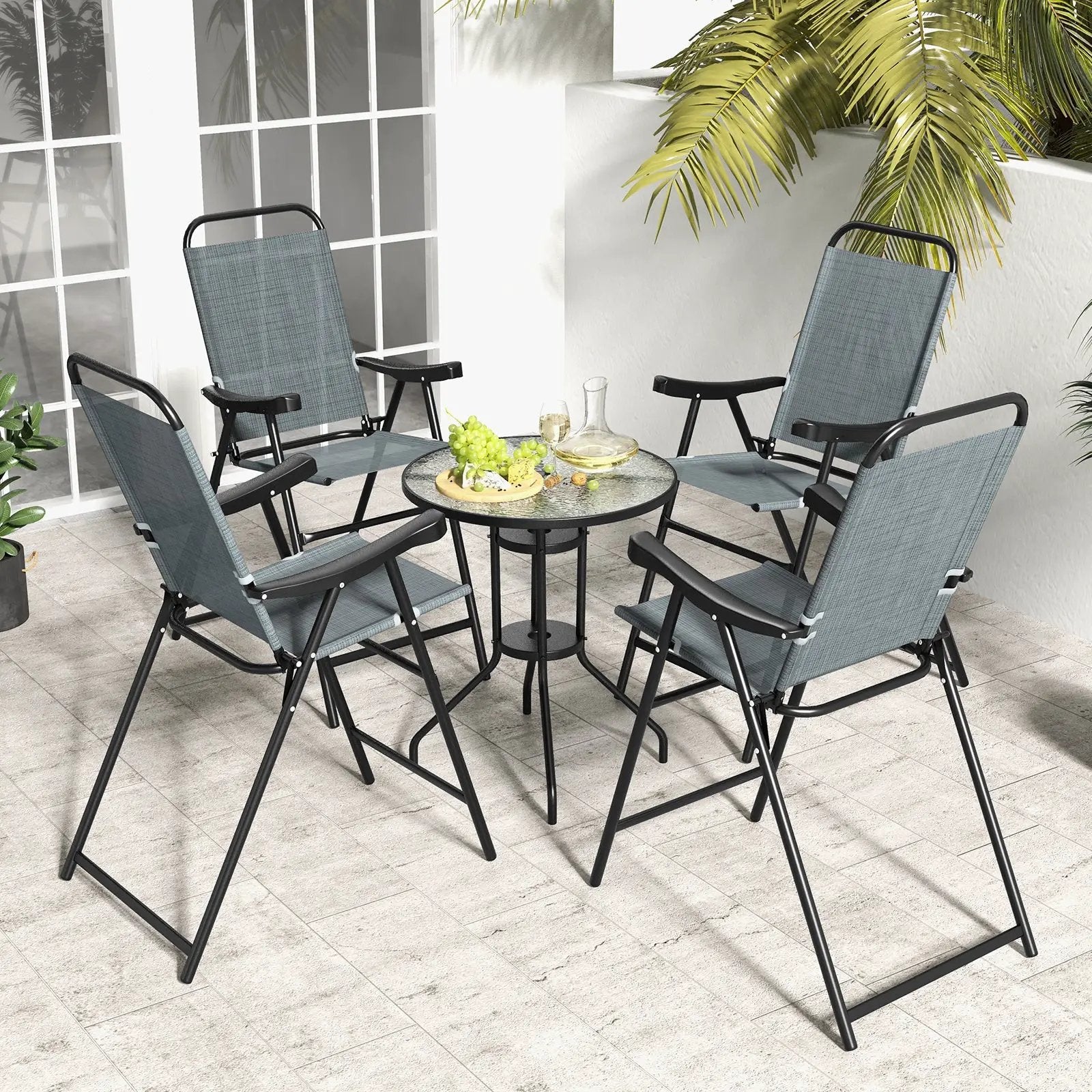 Patio Folding Bar Stool Set of 4 with Metal Frame and Footrest by DirectDeals