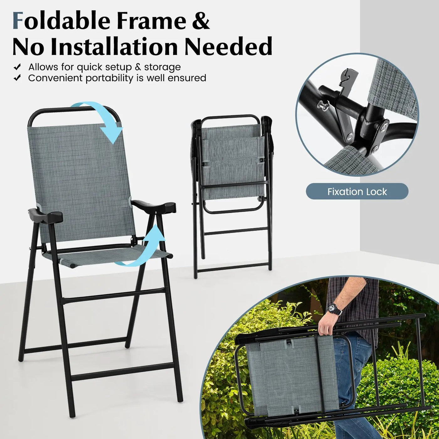 Patio Folding Bar Stool Set of 2 with Metal Frame and Footrest by DirectDeals