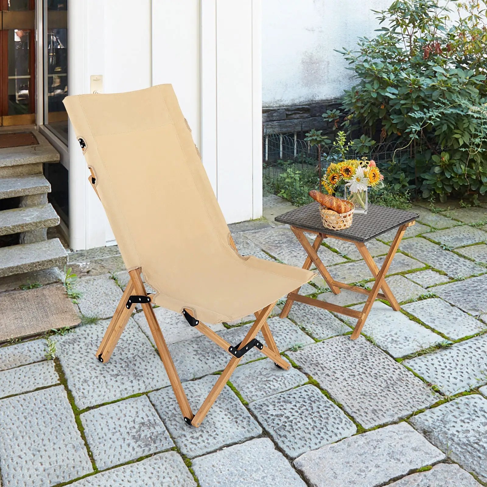 Bamboo Folding Camping Chair with 2-Level Adjustable Backrest-Natural by DirectDeals