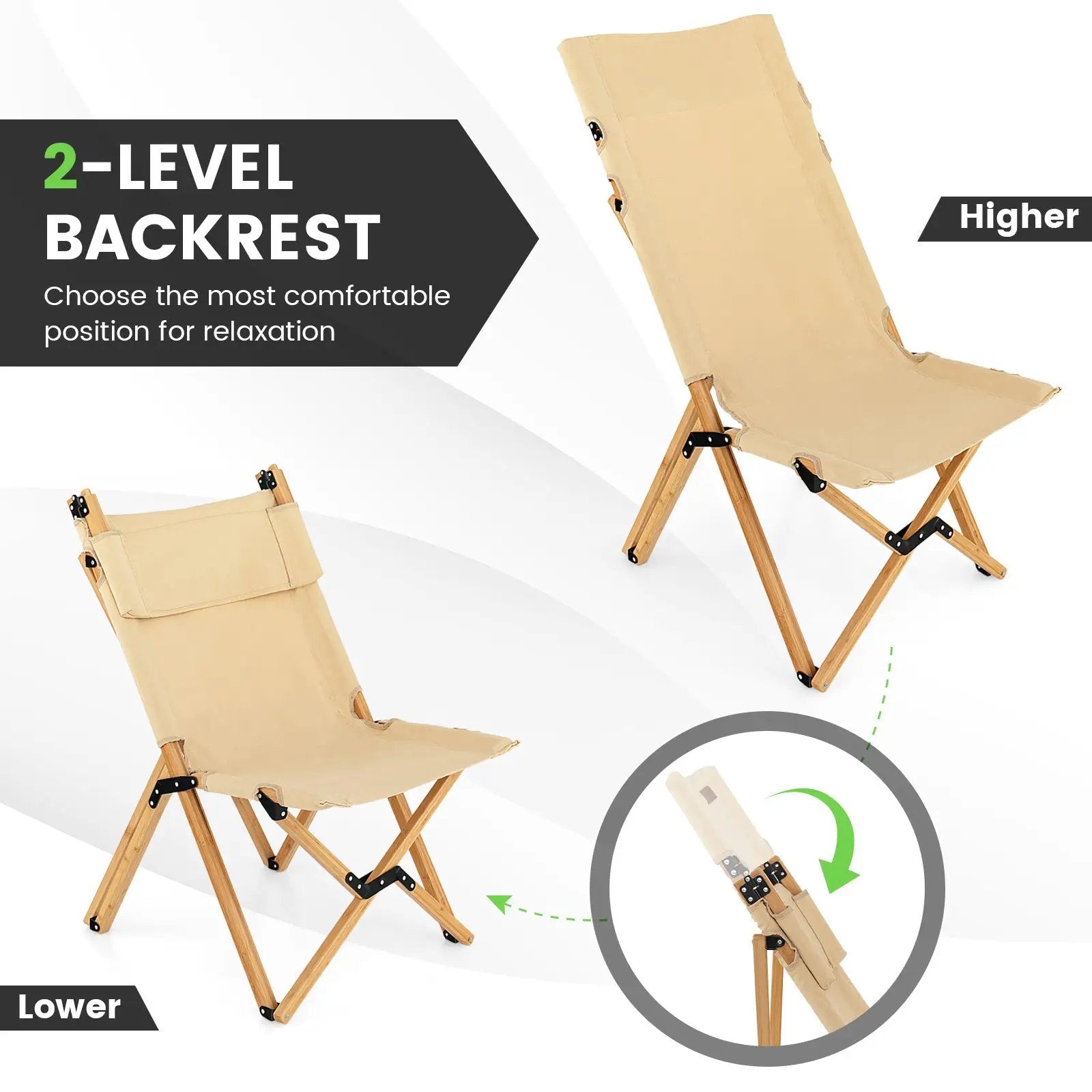 Bamboo Folding Camping Chair with 2-Level Adjustable Backrest-Natural by DirectDeals