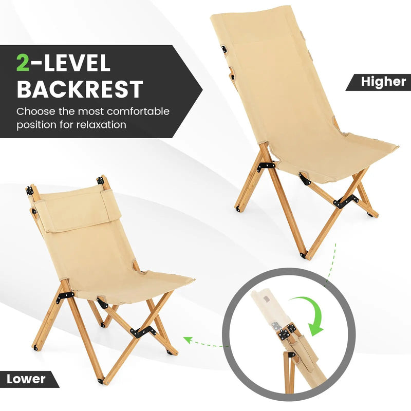 Bamboo Folding Camping Chair with 2-Level Adjustable Backrest-Natural by DirectDeals