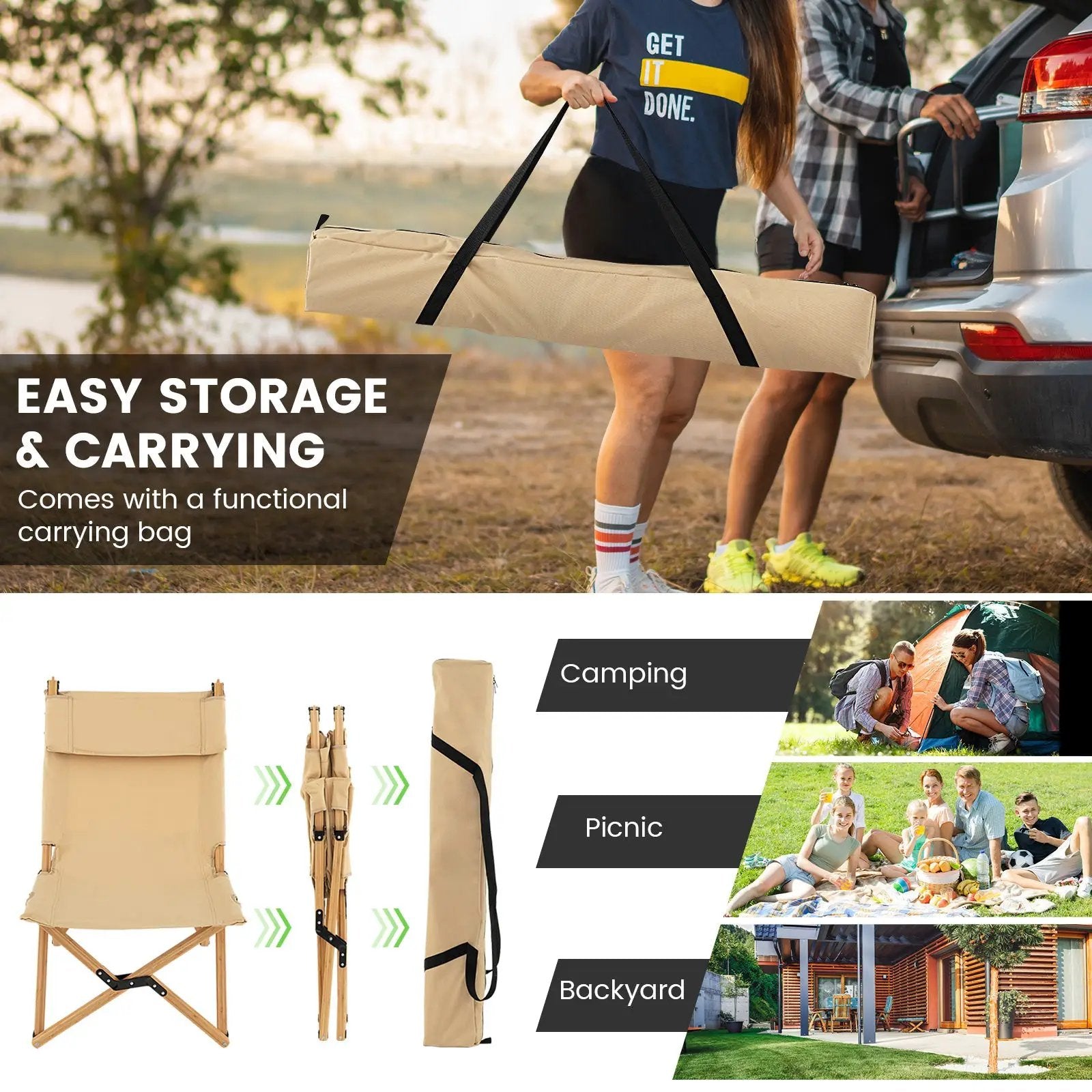 Bamboo Folding Camping Chair with 2-Level Adjustable Backrest-Natural by DirectDeals