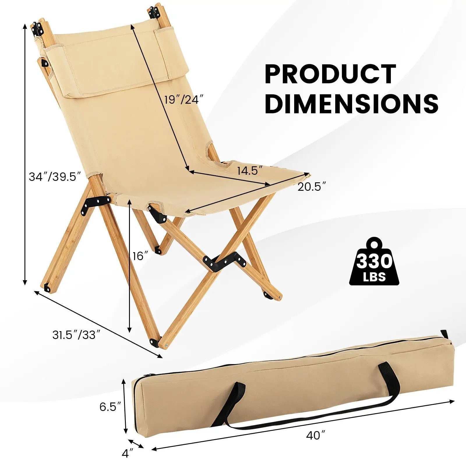 Bamboo Folding Camping Chair with 2-Level Adjustable Backrest-Natural by DirectDeals