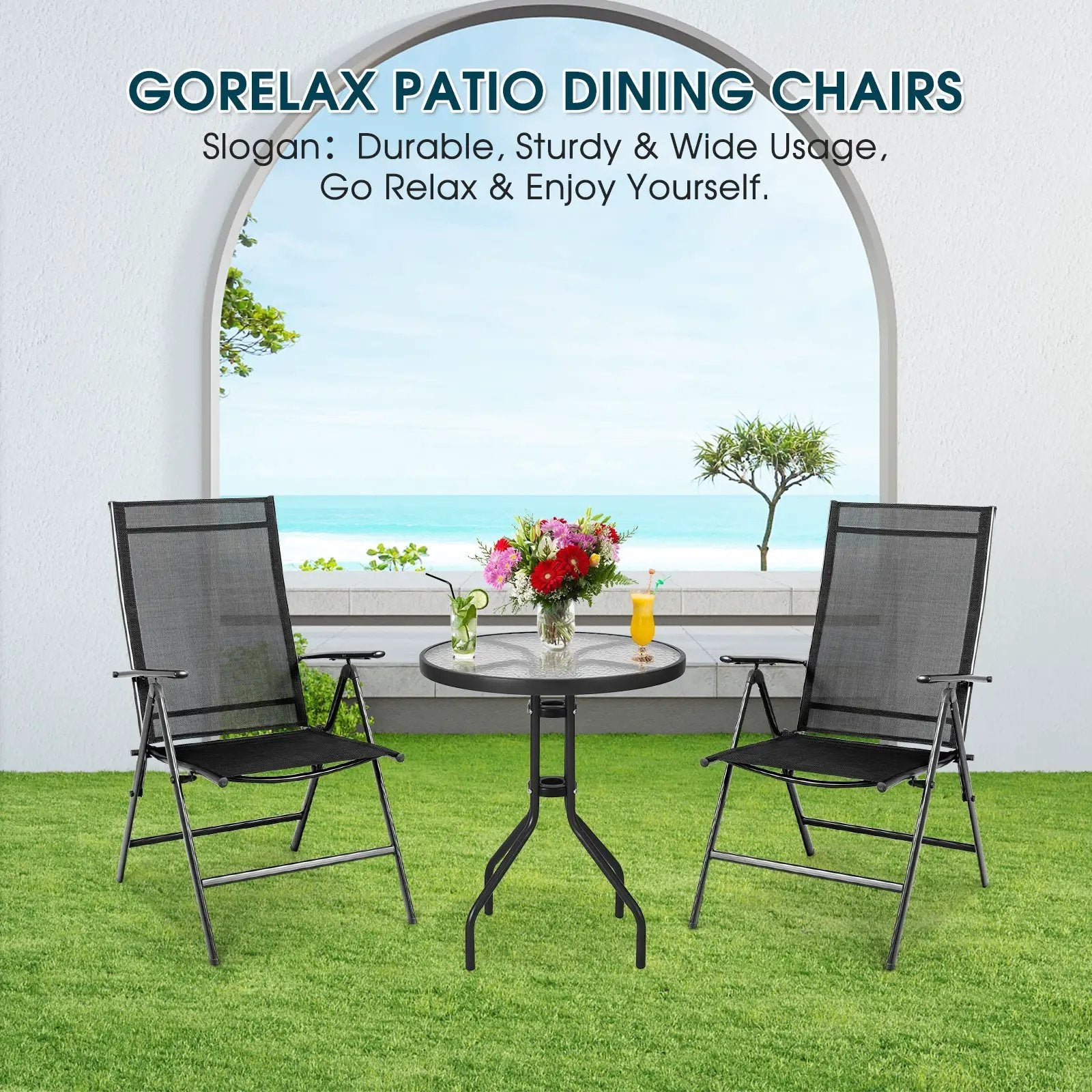 Set of 2 Adjustable Portable Patio Folding Dining Chair Recliners-Black by DirectDeals