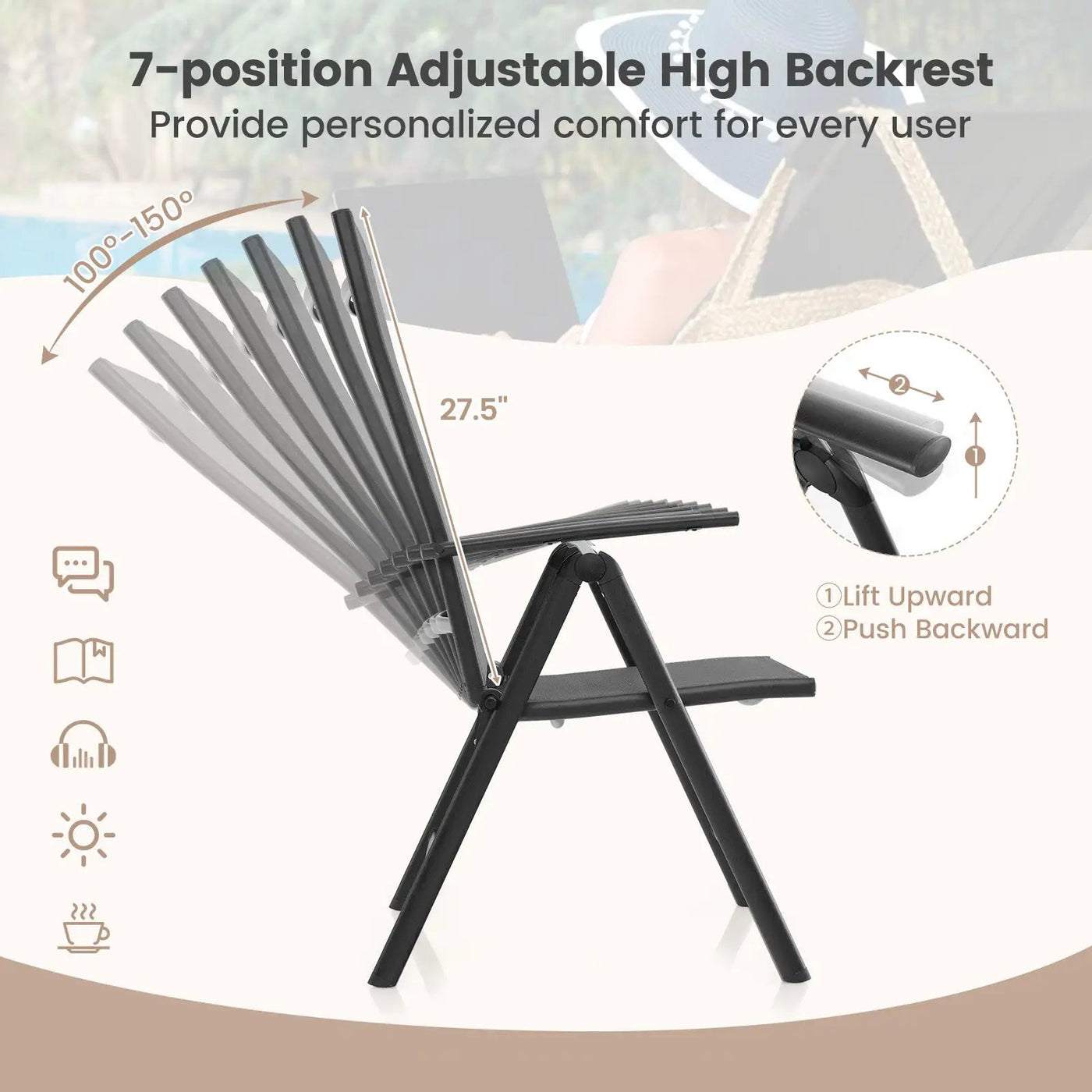 1 Piece Patio Folding Dining Chairs with 7-Level Adjustable High Backrest by DirectDeals