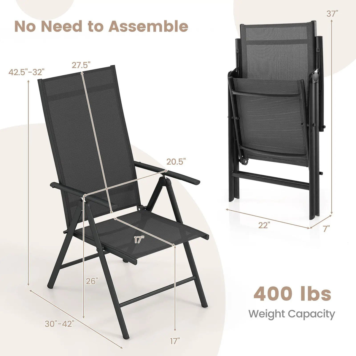 1 Piece Patio Folding Dining Chairs with 7-Level Adjustable High Backrest by DirectDeals