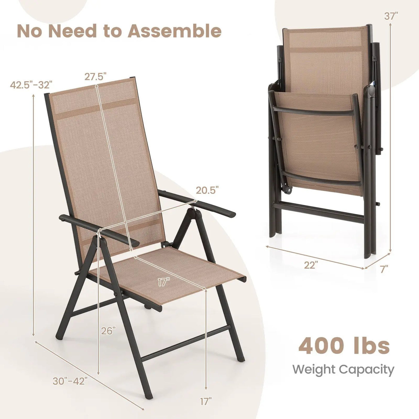 1 Piece Patio Folding Dining Chairs with 7-Level Adjustable High Backrest by DirectDeals