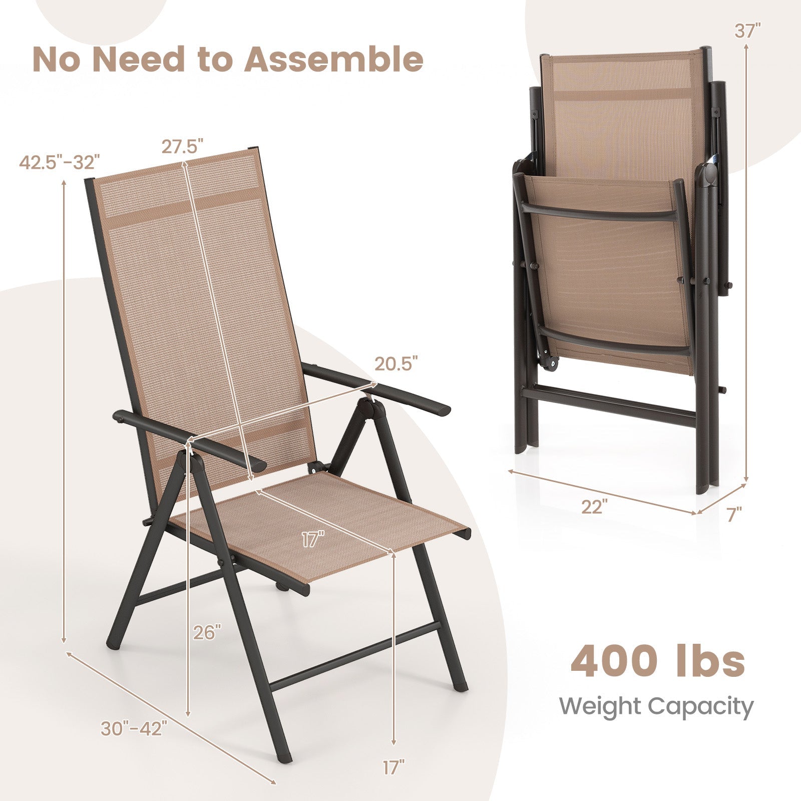 1 Piece Patio Folding Dining Chairs with 7-Level Adjustable High Backrest by DirectDeals
