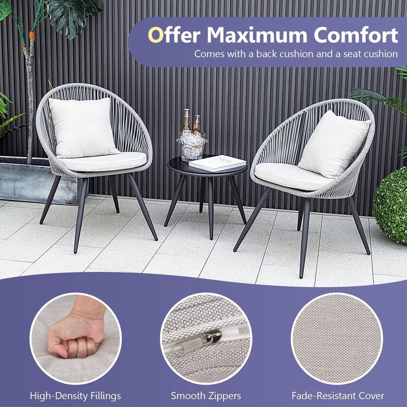 3 Piece Patio Furniture Set with Seat and Back Cushions-Gray by DirectDeals
