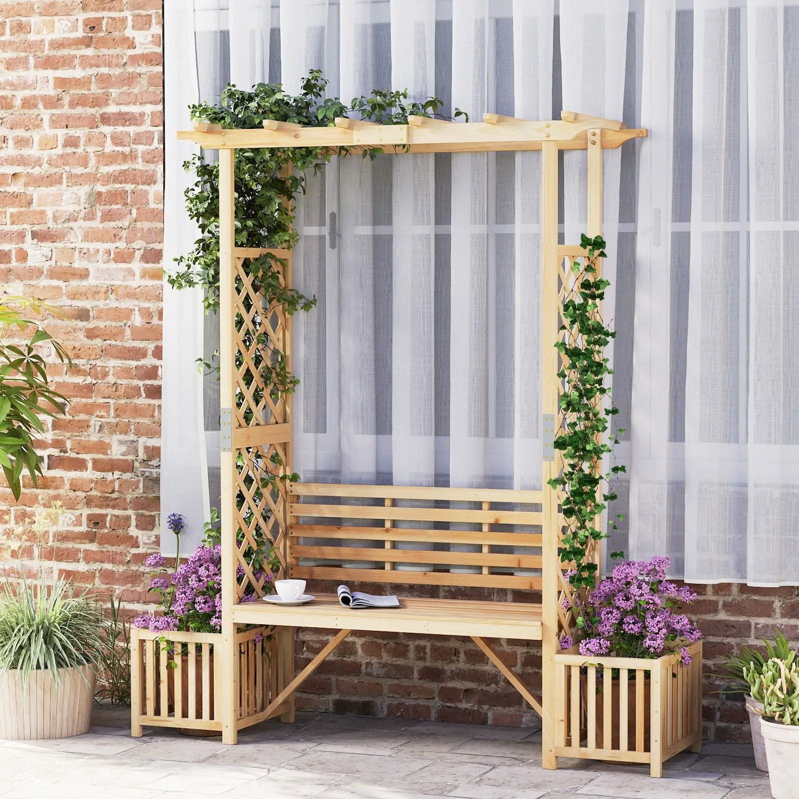 Patio Garden Bench Arbor ArchOutdoor Wood Decorative Seating-Natural by DirectDeals