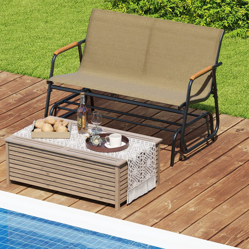 Patio Glider Bench with Curved Teak Armrests and Breathable Fabric Seat for 2 People-Brown by DirectDeals