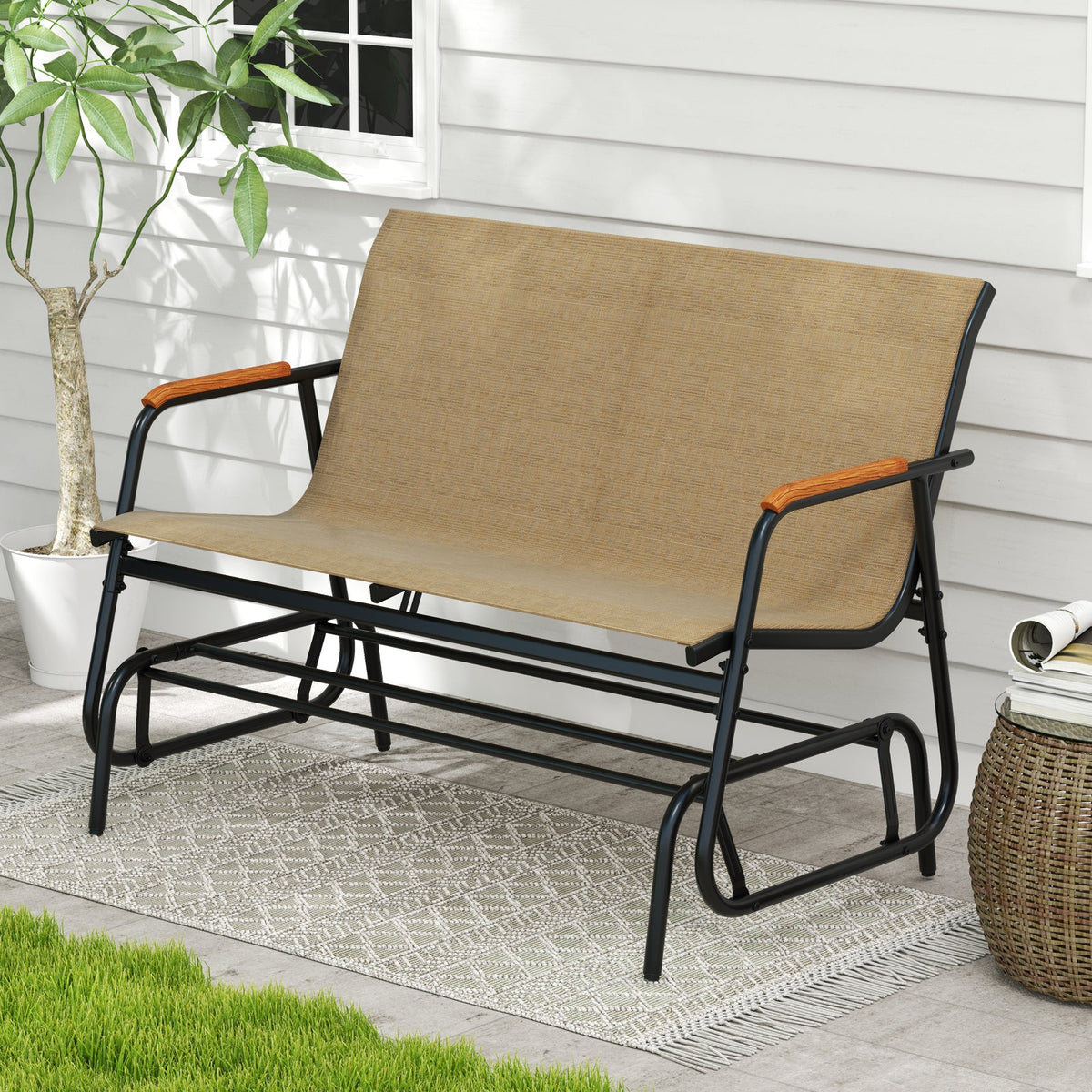 Patio Glider Bench with Curved Teak Armrests and Breathable Fabric Seat for 2 People-Brown, photo 2 of 10