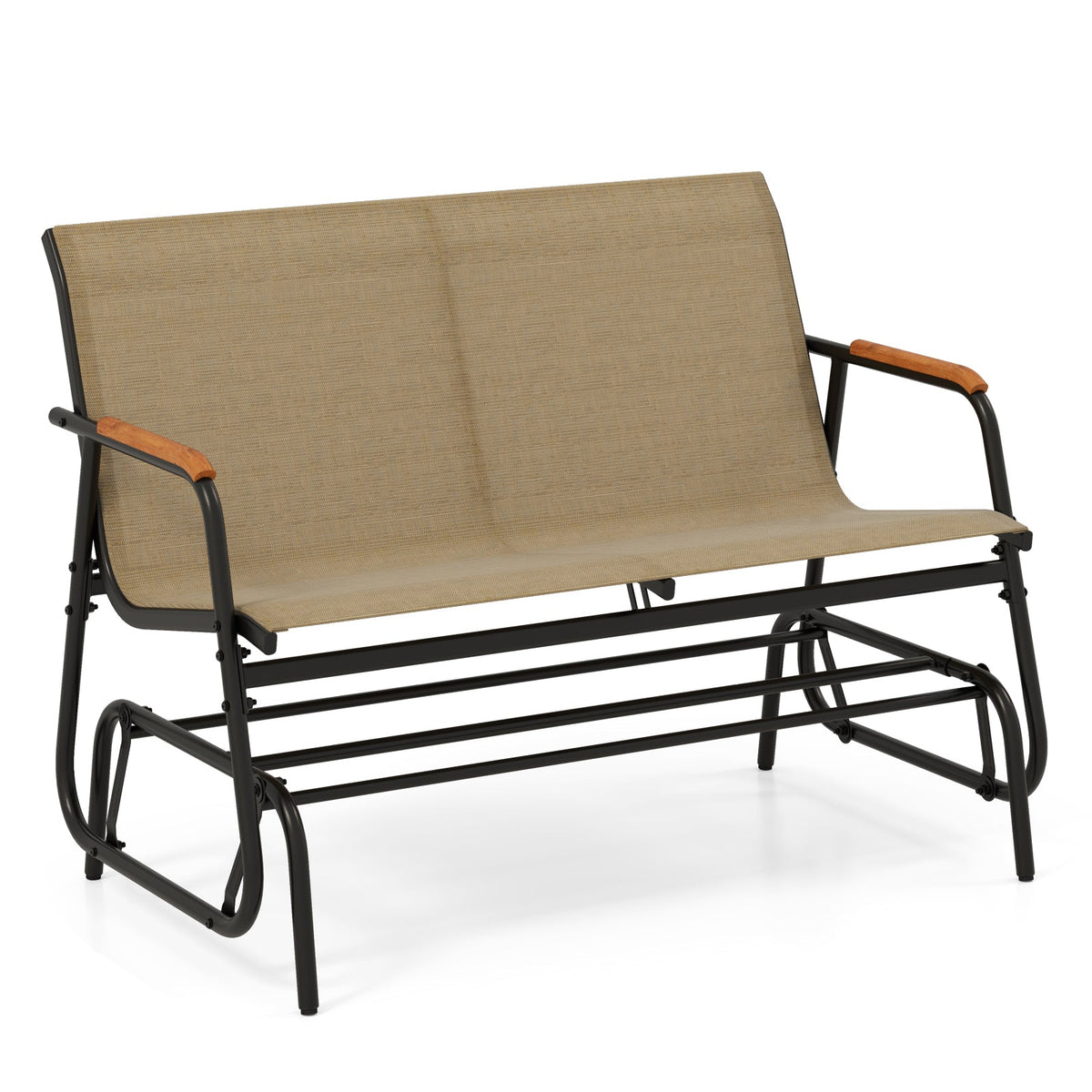 Patio Glider Bench with Curved Teak Armrests and Breathable Fabric Seat for 2 People-Brown, photo 3 of 10