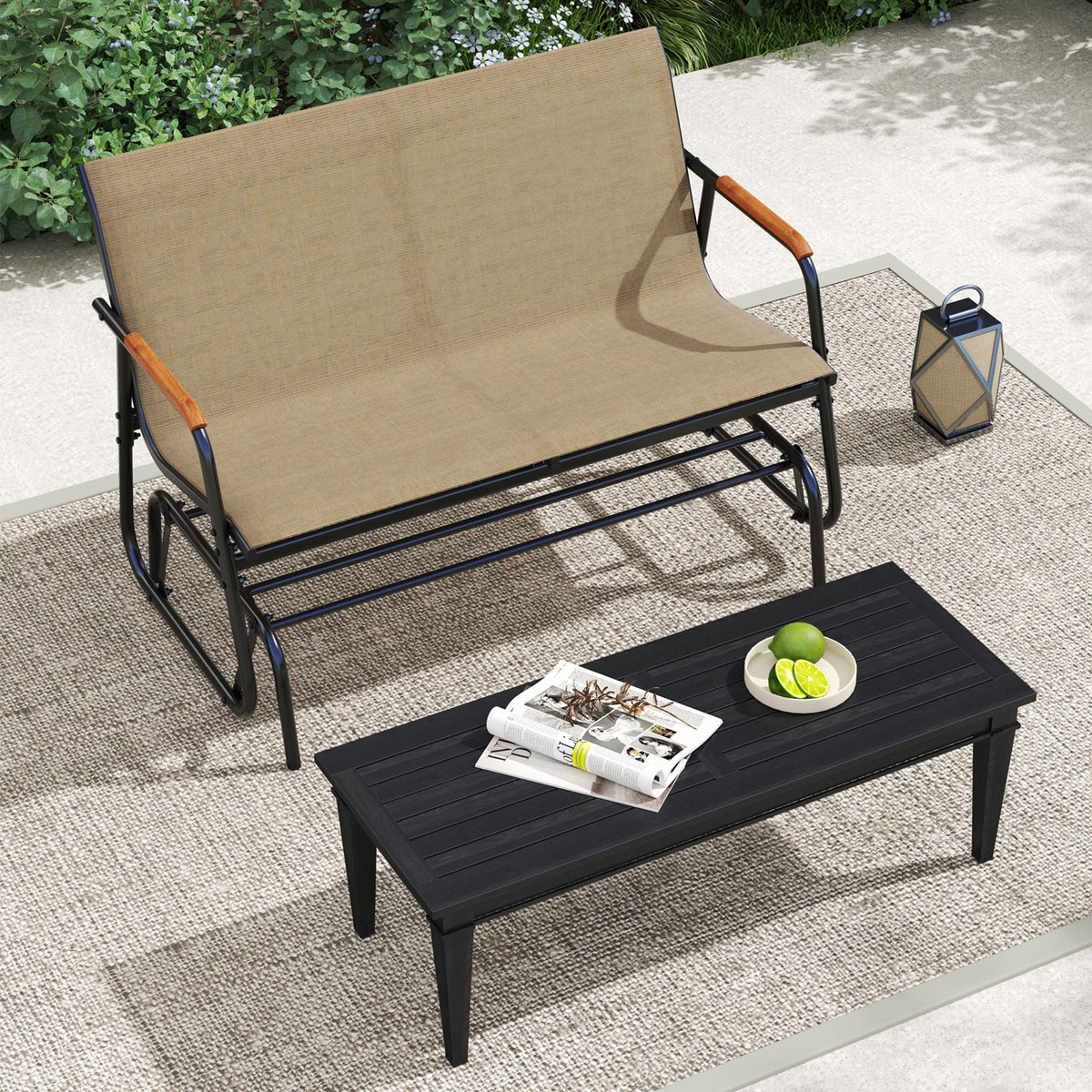 Patio Glider Bench with Curved Teak Armrests and Breathable Fabric Seat for 2 People-Brown, photo 5 of 10