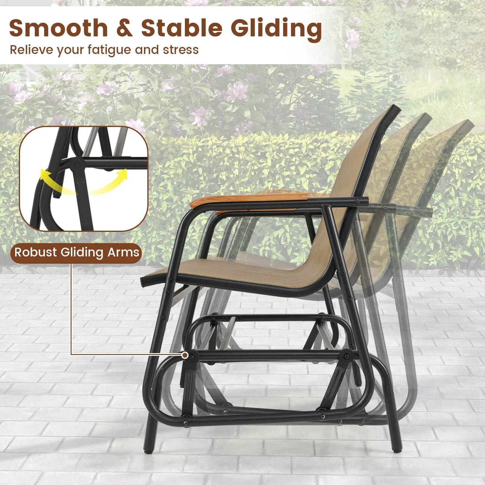 Patio Glider Bench with Curved Teak Armrests and Breathable Fabric Seat for 2 People-Brown by DirectDeals