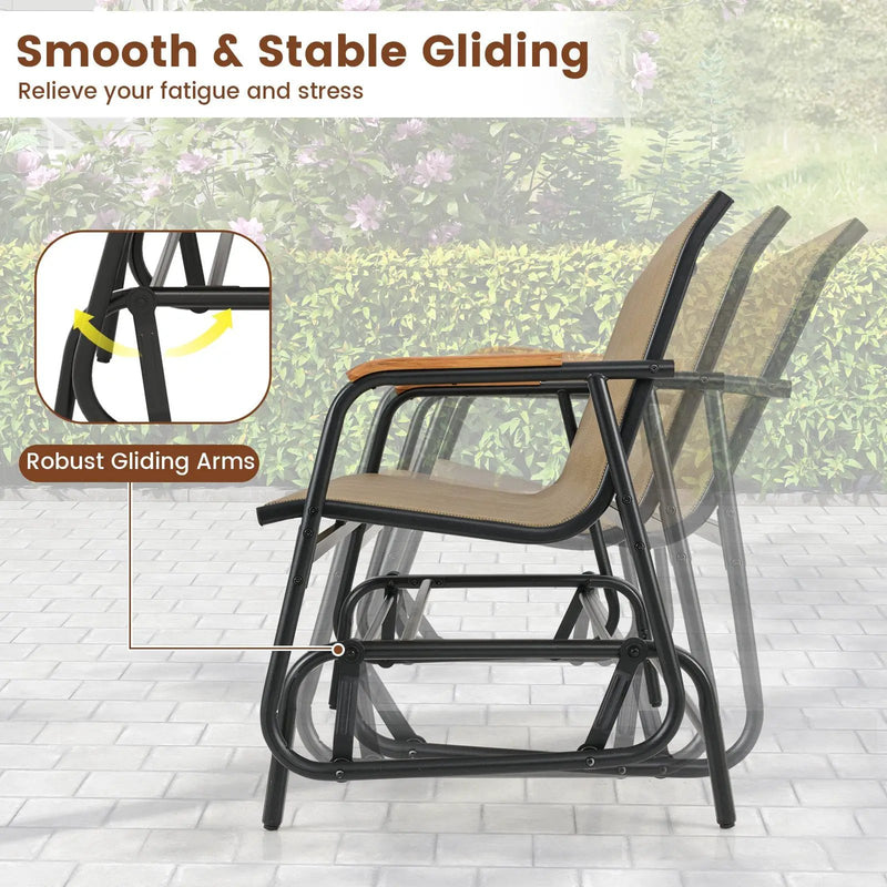 Patio Glider Bench with Curved Teak Armrests and Breathable Fabric Seat for 2 People-Brown by DirectDeals