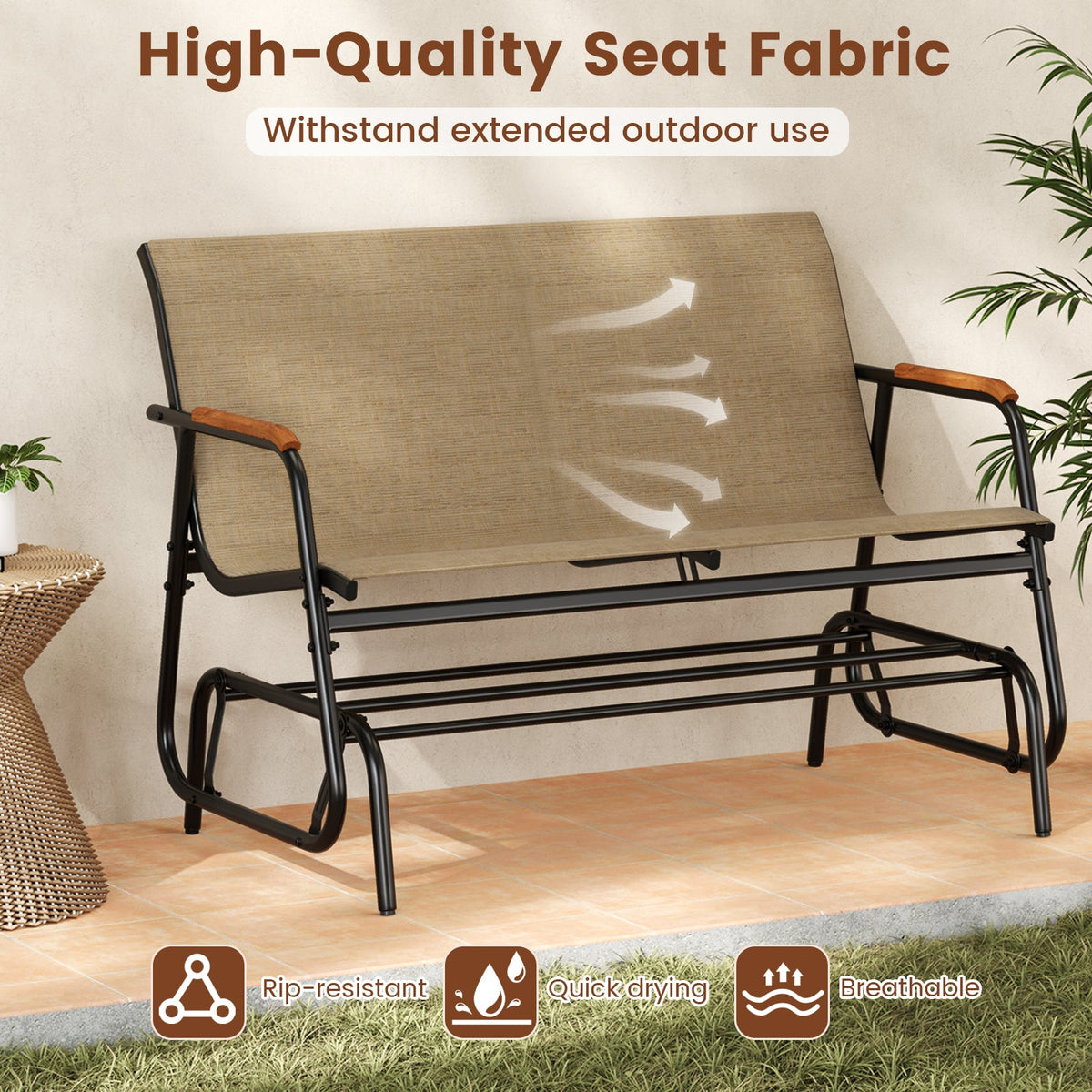 Patio Glider Bench with Curved Teak Armrests and Breathable Fabric Seat for 2 People-Brown, photo 7 of 10