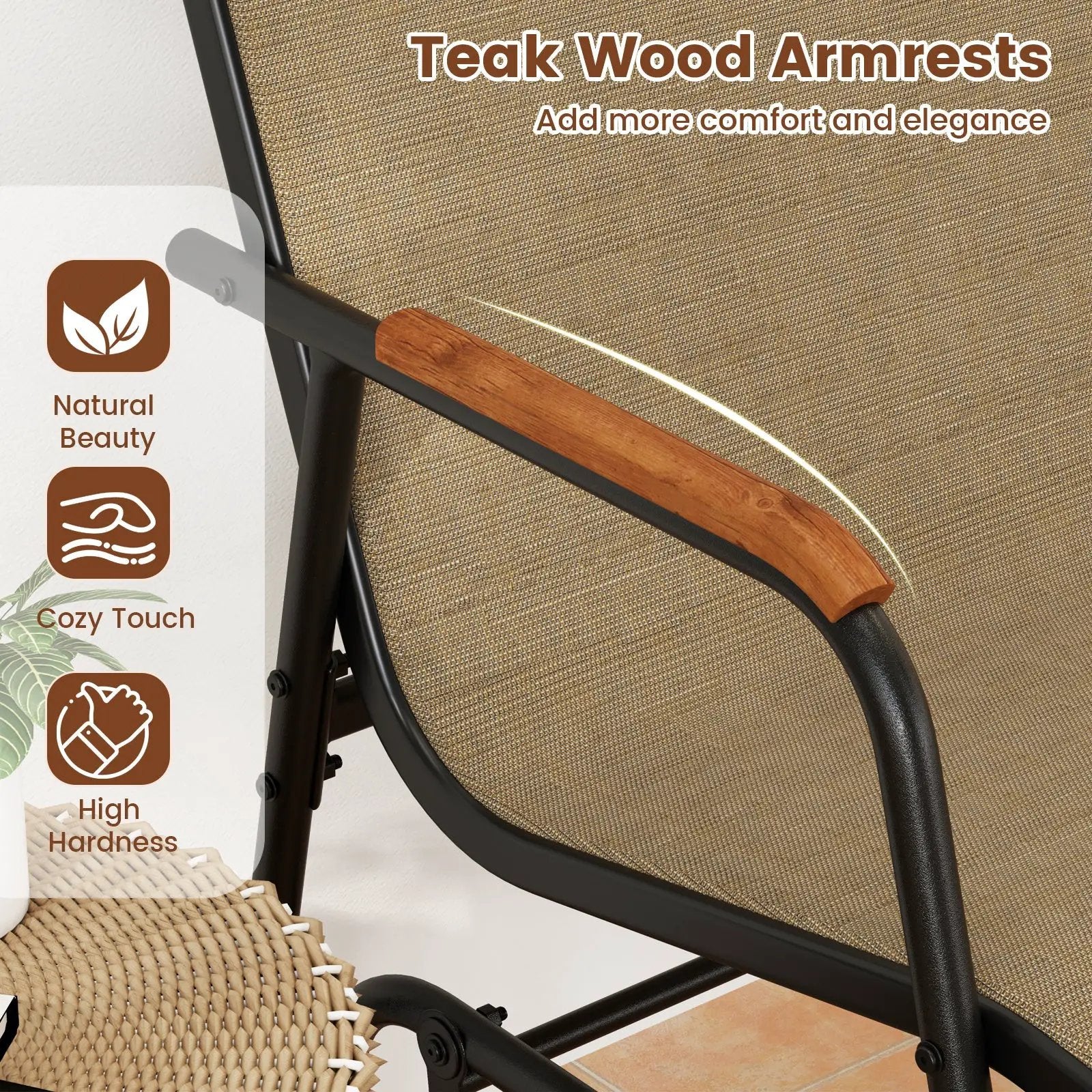 Patio Glider Bench with Curved Teak Armrests and Breathable Fabric Seat for 2 People-Brown by DirectDeals