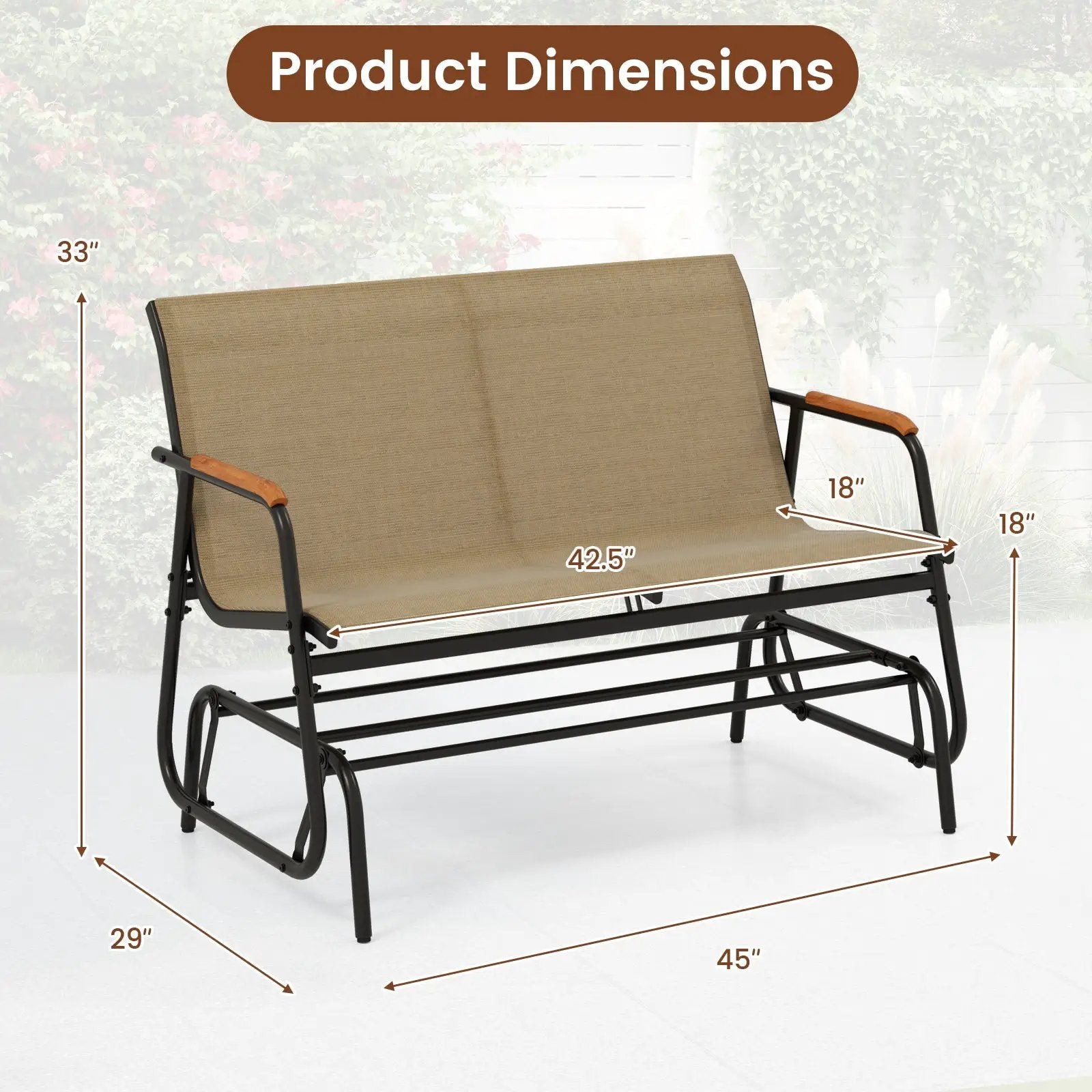 Patio Glider Bench with Curved Teak Armrests and Breathable Fabric Seat for 2 People-Brown by DirectDeals