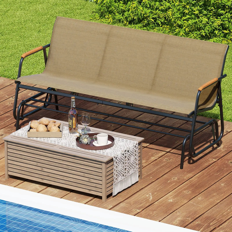 Patio Glider Bench with Curved Teak Armrests and Breathable Fabric Seat for 3 People-Brown by DirectDeals