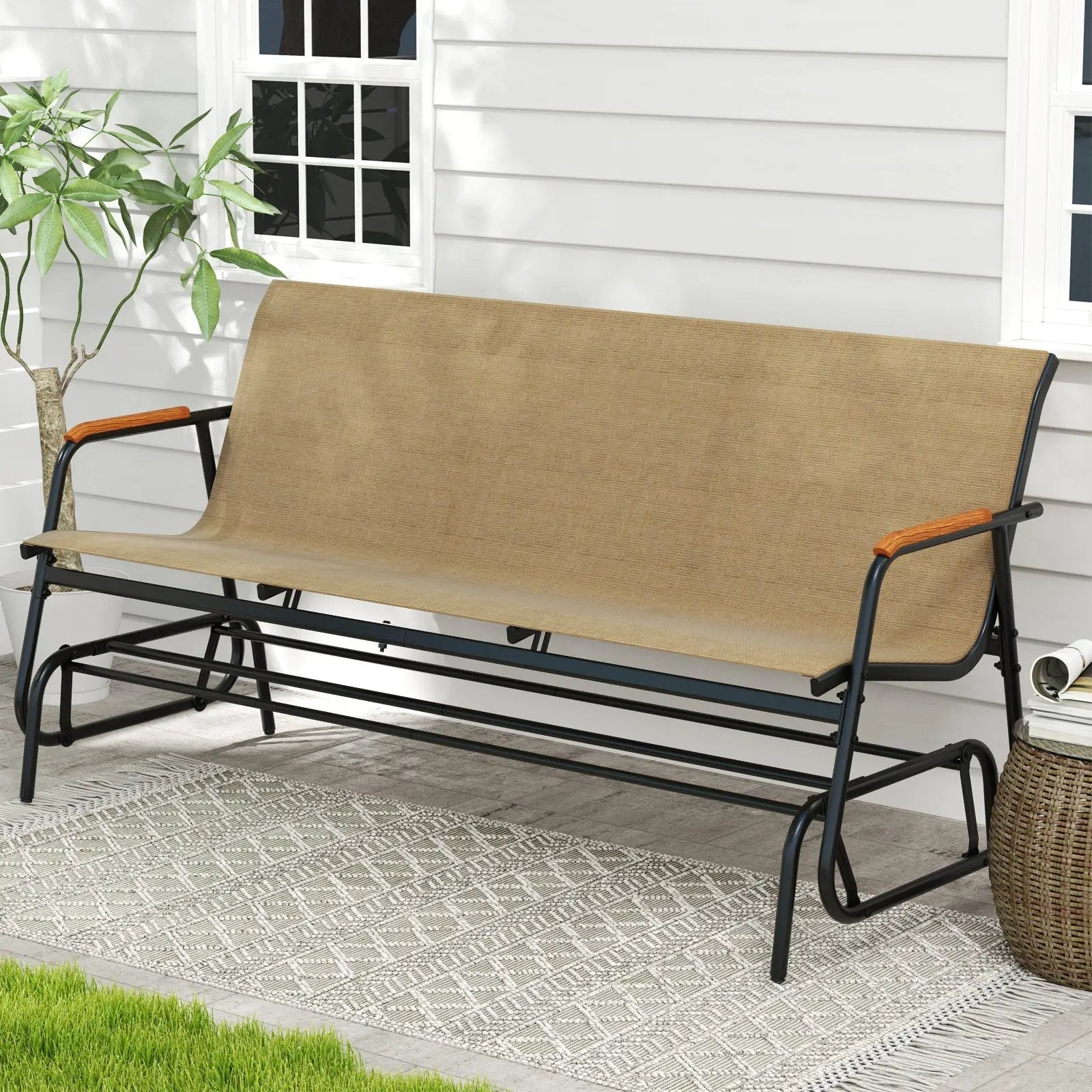 Patio Glider Bench with Curved Teak Armrests and Breathable Fabric Seat for 3 People-Brown by DirectDeals