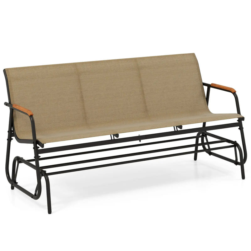 Patio Glider Bench with Curved Teak Armrests and Breathable Fabric Seat for 3 People-Brown by DirectDeals