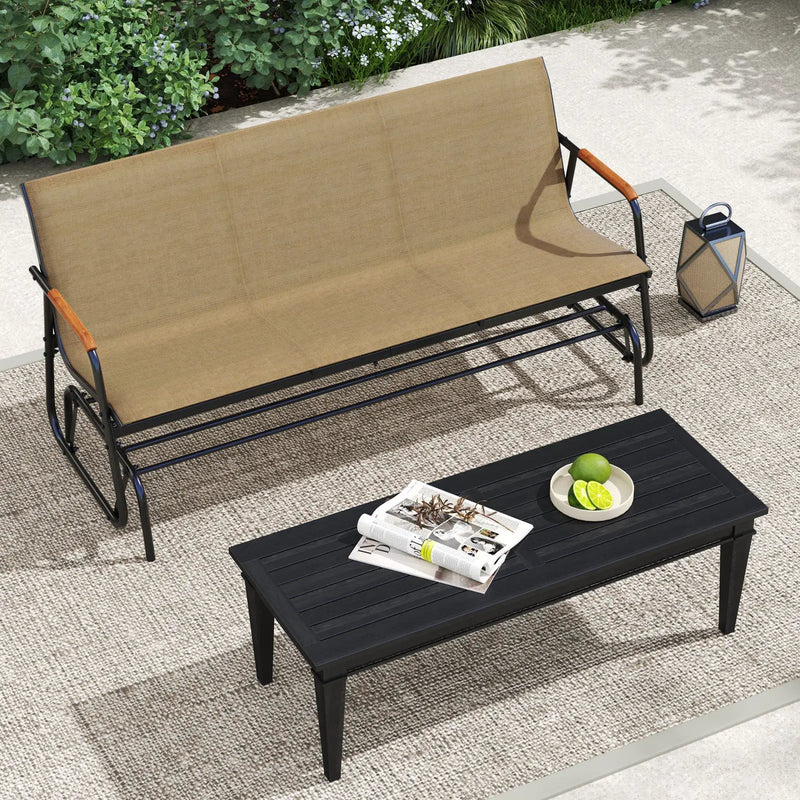 Patio Glider Bench with Curved Teak Armrests and Breathable Fabric Seat for 3 People-Brown by DirectDeals