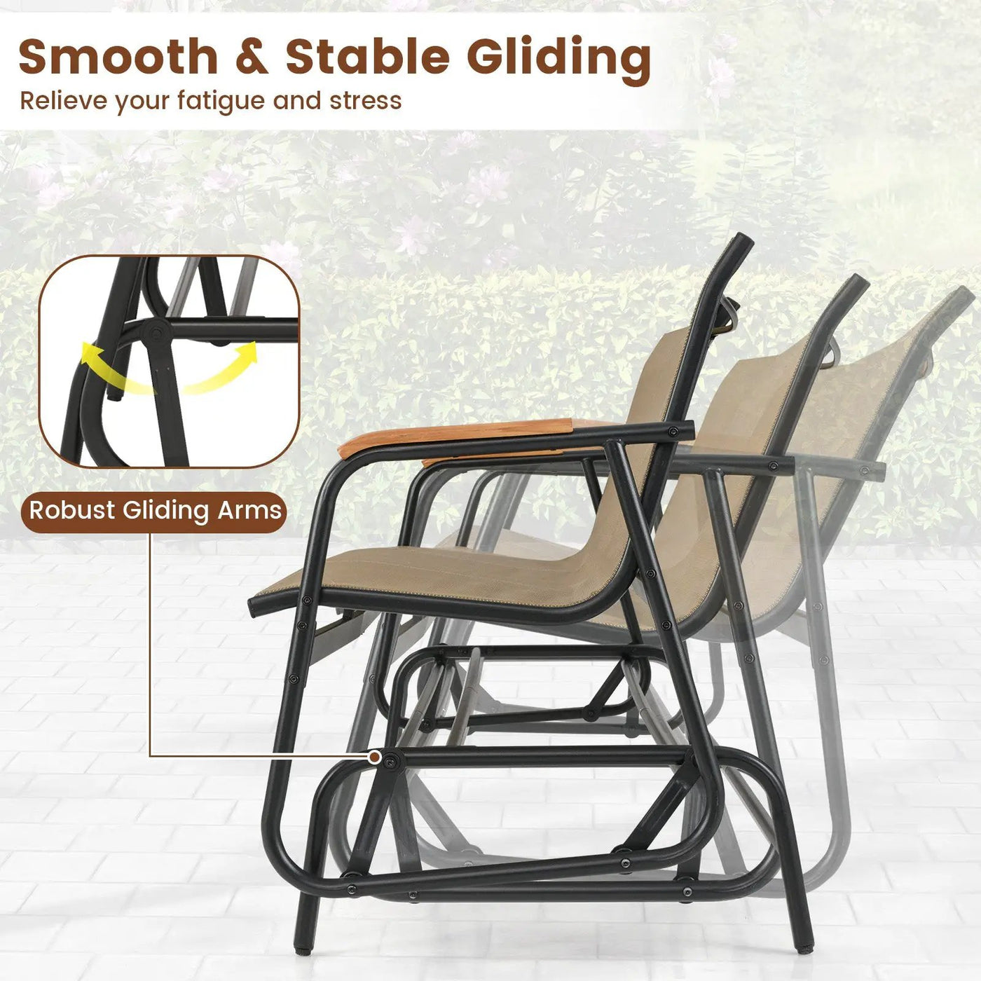 Patio Glider Bench with Curved Teak Armrests and Breathable Fabric Seat for 3 People-Brown by DirectDeals