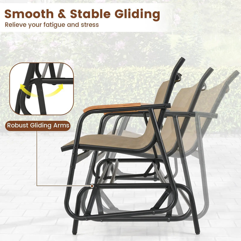 Patio Glider Bench with Curved Teak Armrests and Breathable Fabric Seat for 3 People-Brown by DirectDeals
